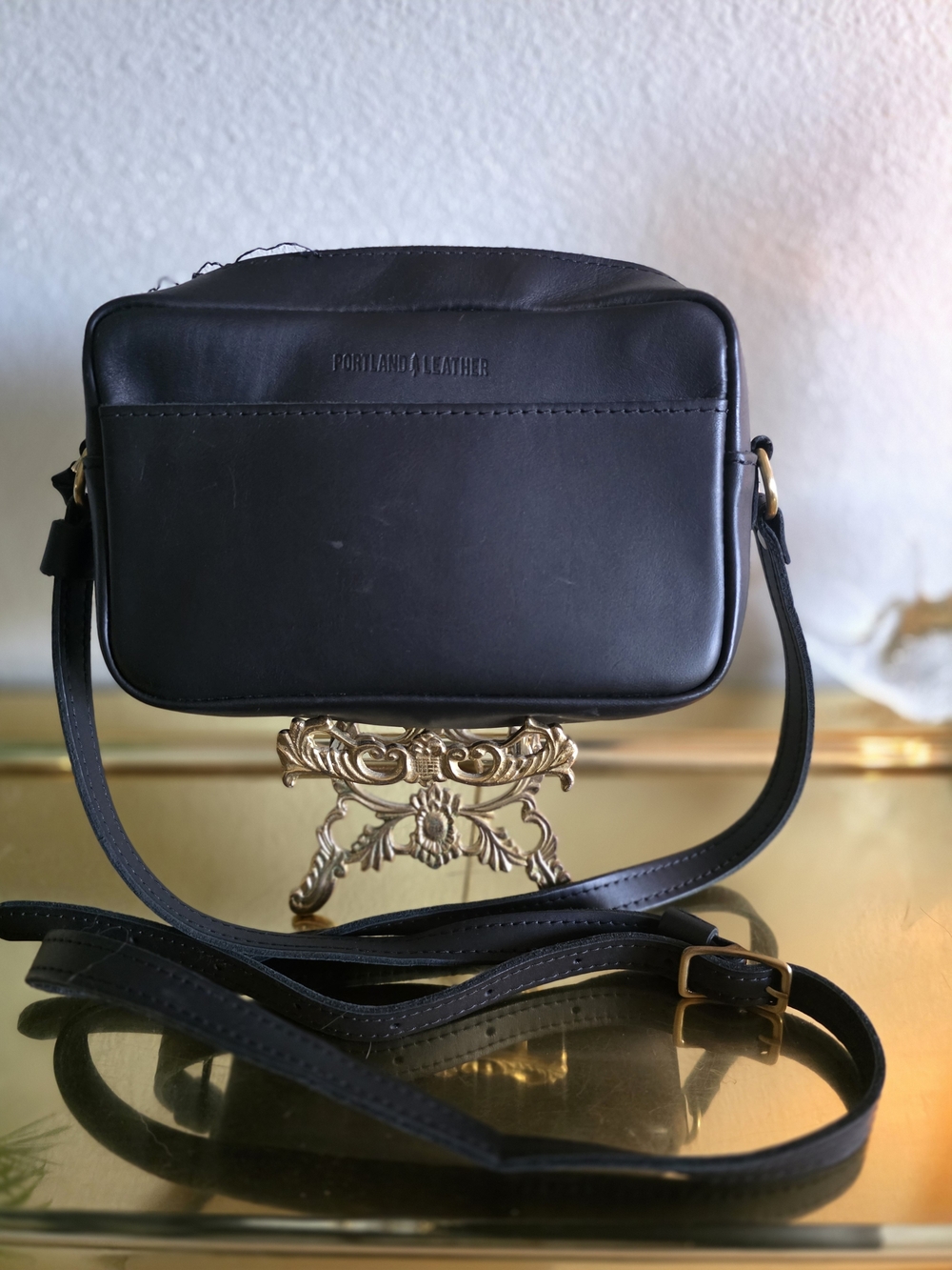 Portland Leather Black Leather Crossbody with Gold Hardware